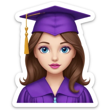 girl with wavy long brown hair, blue eyes, long lashes makeup, sexy pink lips, wearing a purple graduation cap and gown sticker