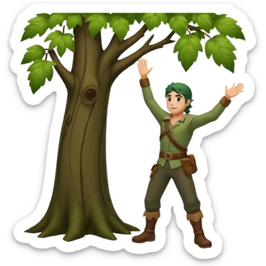 full body forest rogue man, from behind leaning against tree, one arm raised, leaf shadows on back sticker