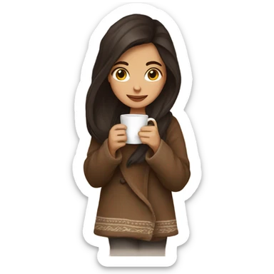 Dark Brown hair Girl drinking coffee, with a cozy blanket sticker