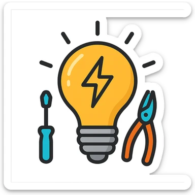 modern icon style illuminated light bulb with electrician details sticker