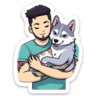 Tattooed arms man hugging a husky sticker