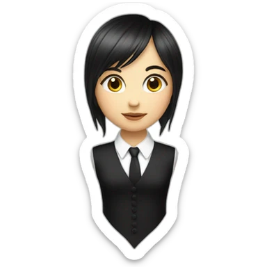 white female bangs black straight hair white shirt black tie sticker