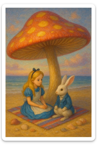 Alice and the White Rabbit sitting together on a beach towel under a giant mushroom parasol, magical, soft lighting, seashells nearby sticker