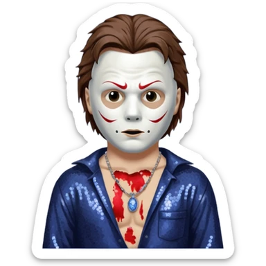 Michael Myers with white mask with brown hair, indigo sequin baggy pants, shirtless with necklace sticker