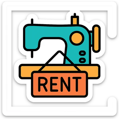 A flat design icon for 'Equipment Rental' showing a sewing machine with a rent sign, suitable for a business presentation. sticker