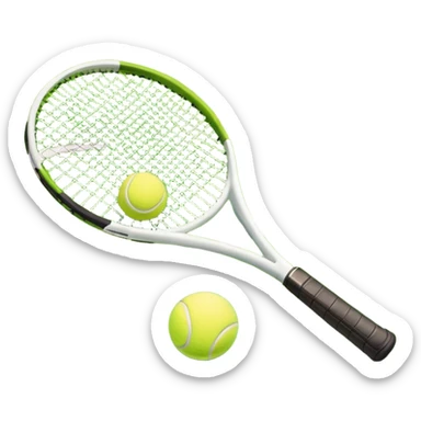 A tennis racket and a ball placed on a grassy court, with the net visible in the background. The scene captures the elegance and energy of the sport, with a vibrant green court and soft sunlight highlighting the equipment. sticker