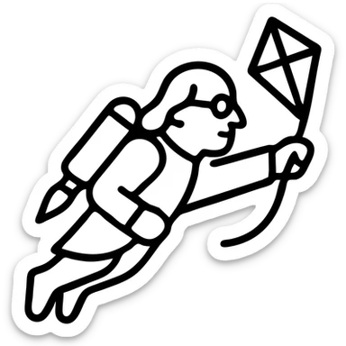 minimalist black outline icon of Ben Franklin flying with a jetpack, left hand holding a small diamond kite, right arm stretched forward as if soaring through the air, startup-vibe logo sticker