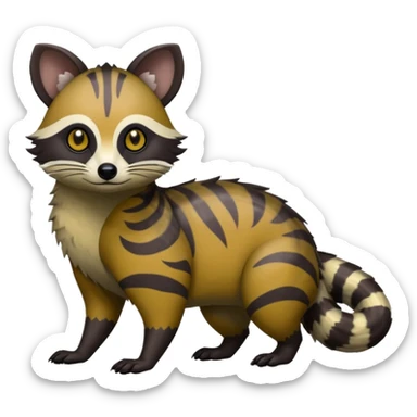 Rare warm-colored exotic edgy epic aesthetic gloomy spooky dark modern colorful cyber-Genet-Trico-Tanuki-Civet-species-Fakemon-hybrid-creature, with beautiful intricate markings, full body sticker