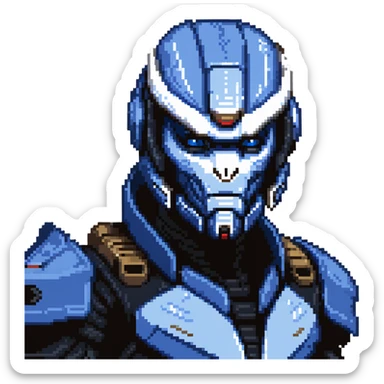 Garrus Vakarian from Mass Effect, turian with blue facial markings and targeting visor sticker