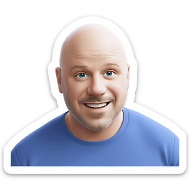 bald man smiling in blue sticker