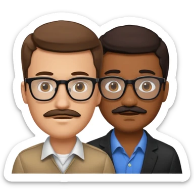 White brown cow boy with black glasses and mustache with a black black girl sticker