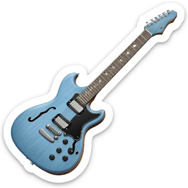 A gray-blue electric guitar with a black pick guard and only one volume knob  sticker