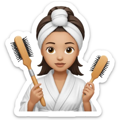 lightskin Women wearing shower robe and their hair with towel holding a brush sticker