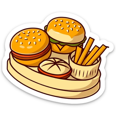 скатерть-самобранка with a mix of global dishes like burgers, dim sum, and baklava sticker