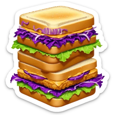 Spicy stacked chicken sandwich — two thick golden toast slices, a crispy breaded chicken fillet, green lettuce, and purple cabbage slaw, with glossy dark sauce dripping down the sides. sticker