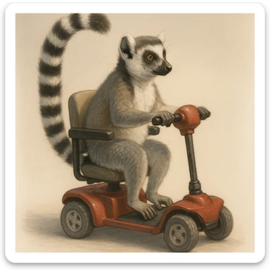 ring tailed lemur riding a mobility scooter, semi-realistic illustration, soft shading, accurate anatomy sticker