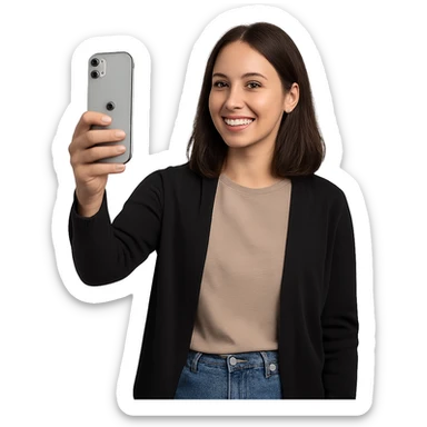 a woman taking a picture with an iPhone, clear view of the phone, casual pose, modern clothing, friendly expression sticker