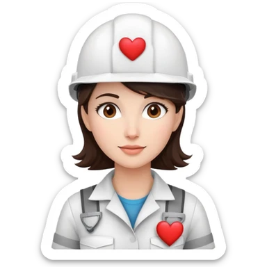 Mujer ingeniera con casco blanco, de piel clara y cabello castaño oscuro, y unos corazones al rededor  sticker