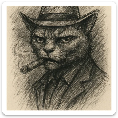 Make the cigar lit and the cat smoking with visible smoke in pencil sketch style. sticker