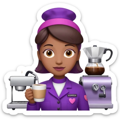 Create 3D minimalist emoji in the style of Coffee Lover — a coffee shop and roastery brand.
Style: cozy, warm.
Colors — purple-pink range.
barista with coffee
on the form it says Coffee Lover sticker