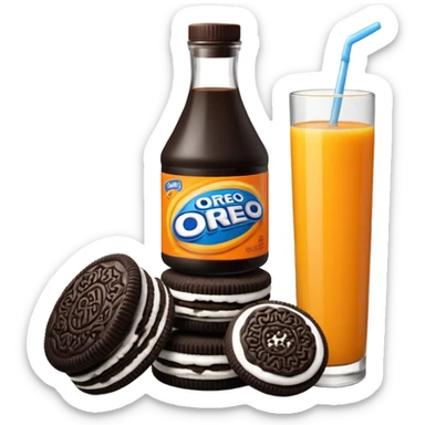 stack of Oreo cookies next to a bottle of orange juice sticker