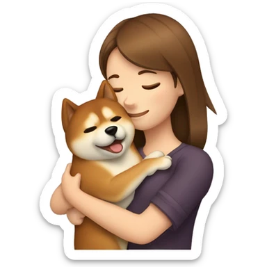 a girl in brown hair hugging Shiba dog sticker