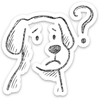 hand-drawn outline of a dog looking puzzled, question mark near face sticker