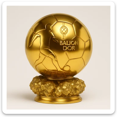 Add a footballer silhouette to the Ballon d'Or trophy, maintaining a realistic gold style that is elegant and shiny, on a white background. sticker