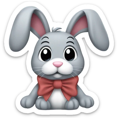 grey raggedy bunny security blanket with ears hanging down and bow on neck sticker
