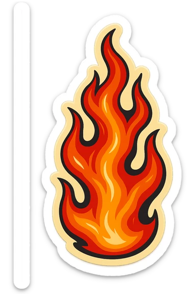 retro sticker style drawing of a tall, twisting flame with bold contours, dramatic shadows, glossy highlights, dynamic and full of movement fire sticker