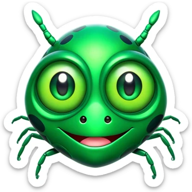Cinematic Comical Green Bugdie Portrait Emoji, Head tilted dramatically with an exaggeratedly amused expression, featuring a striking, glossy emerald exoskeleton with bold patterns, wide, expressive multifaceted eyes filled with playful disbelief, Simplified yet hilariously expressive features, highly detailed, glowing with a slightly sassy glow, high shine, dramatic yet playful, stylized with an air of cheeky mischief, bright and endearing, soft glowing outline, capturing the essence of a spirited and over-the-top bug, so meme-worthy it feels like it could side-eye its way into internet fame instantly! sticker