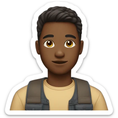 a boy with a middle part haircut holds a cat sticker