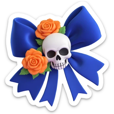 gothic bow with midnight blue velvet, silver skull charm, deep blue rose center, dramatic and gothic sticker