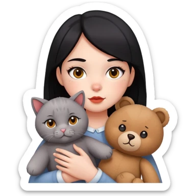 A girl with black eyes, red cheeks, black hair with a white face, holding a British gray cat and a brown teddy bear sticker