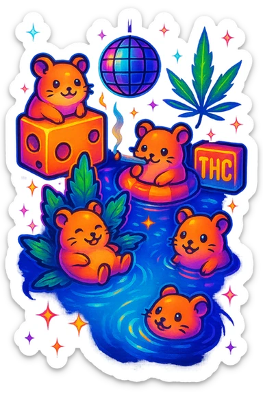 Make the pool party scene a night scene with a dark sky, glowing disco ball, neon pool lights, and sparkling stars. Keep the retro nostalgia style, weed, cheese, and THC theme, and preserve transparency if present. sticker