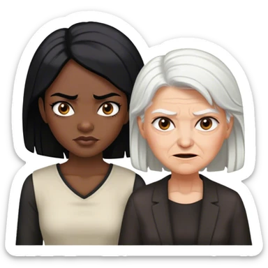 a black-skinned angry girl with black hair next to an older white hairs black lady who smile sticker