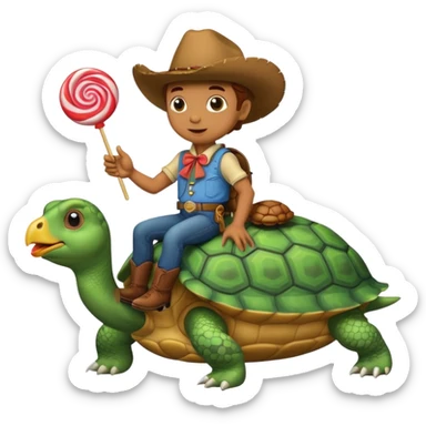 A cowboy chicken riding a turtle and eating a lollipop  sticker