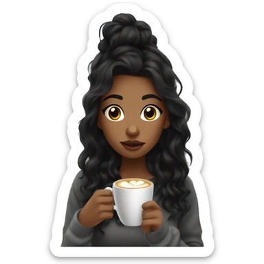 aesthetic girl with black wavy hair sipping coffee in a cute coffee shop  sticker
