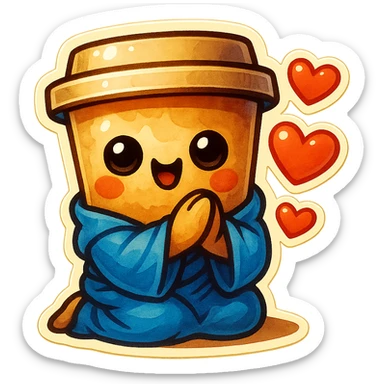 Tall coffee cup, bowing on knees, gushing with love, worship, wearing soft blue monk robes sticker