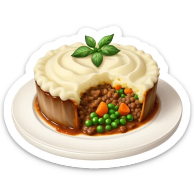 Cinematic Realistic Shepherd's Pie Dish Emoji, depicted with rich, savory minced lamb and vegetable filling topped with creamy mashed potatoes, rendered with exquisite detail and natural warm lighting that highlights its homestyle appeal. sticker