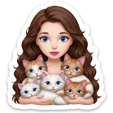girl with long wavy brown hair, blue eyes, long lashes makeup, sexy pink lips, cuddling with 6 cats sticker