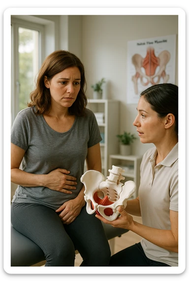 A realistic, cinematic illustration of a woman in her mid-30s with a thoughtful, slightly worried expression, sitting in a bright, modern physiotherapy clinic. She is wearing comfortable leggings and a loose top, with one hand resting gently on her lower abdomen, indicating discomfort. The scene shows a caring female pelvic floor physiotherapist explaining with a pelvis anatomical model, while the woman listens attentively but visibly concerned. In the background, soft natural light enters through the window, and an anatomical poster of pelvic floor muscles is visible on the wall. The environment is warm, clean, and reassuring, emphasizing the sensitivity of pelvic floor disorders while promoting trust and awareness in seeking help sticker
