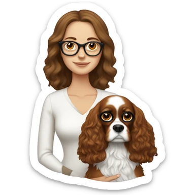 White girl with brown hair wearing glasses holds a king charles spaniel dog sticker