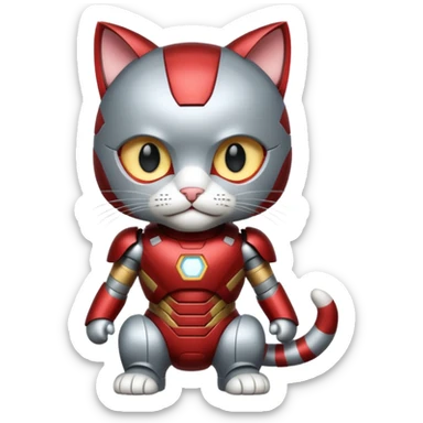 gray and white striped cat in an Iron Man costume sticker