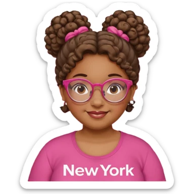 Girl, fat, clear glasses, curly hair in bun, brown skin, pink shirt with red text that says "New York," smiling  sticker