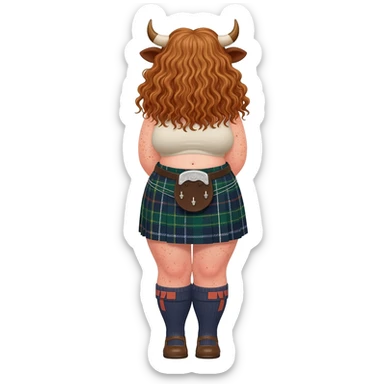 buff curly woman with frecles with light brown messy hair with straight bangs covering her face with brown cow tail with strong fat thights with cow horns and cow brown ears with big butt in a short scottish kilt and with knee socks and shoes stands with crossed legs sticker