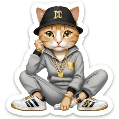 female cat lying horizontally on the ground, crying, dressed like Run DMC with tracksuit, fedora, Adidas shoes, lots of gold chains, rings, bracelets, earrings, no sunglasses sticker