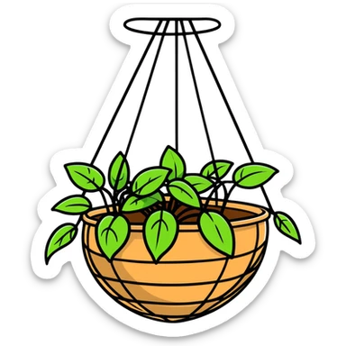 Plectranthus Verticillatus creeping charlie plant with trailing vines and large round coin-shaped leaves in a coconut fiber hanging basket sticker