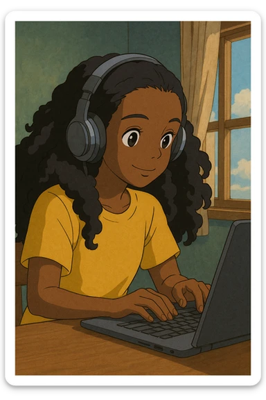 dark skin African American girl, long curly black hair, yellow shirt, headphones, typing at a laptop, ghibli-inspired style sticker