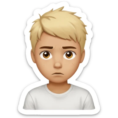caramel skin color. Teen age. Short buzz, messy blonde hair, dark brown bushy eyebrows large expressive golden-brown eyes, brown skin color, scar over nose, wearing a plain white t-shirt. Disappointed thinking facial expression. caramel skin color sticker